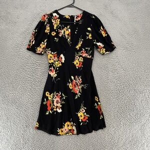 Free People Babydoll Dress Womens 8 Neon Garden Floral Puff Sleeve Fit Flare
